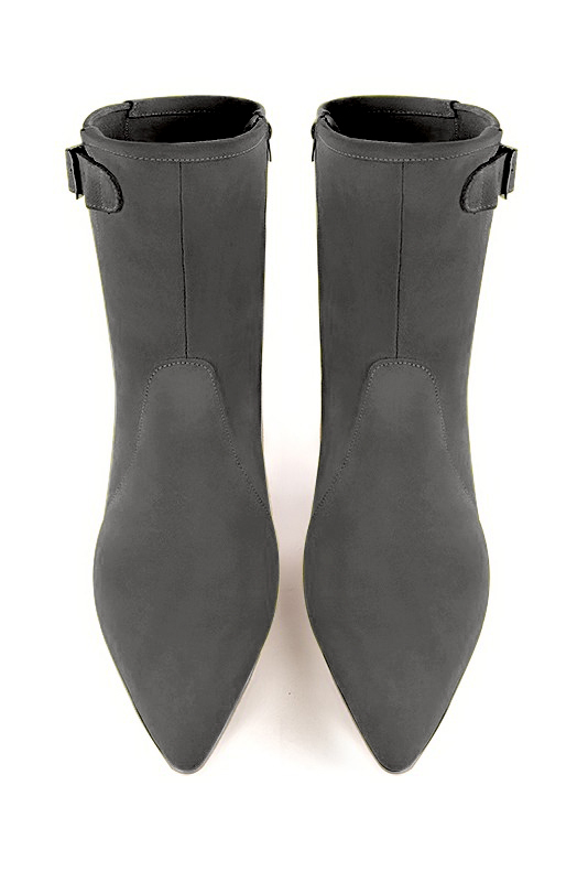 Dark grey women's ankle boots with a zip on the inside. Tapered toe. Medium cone heels. Top view - Florence KOOIJMAN